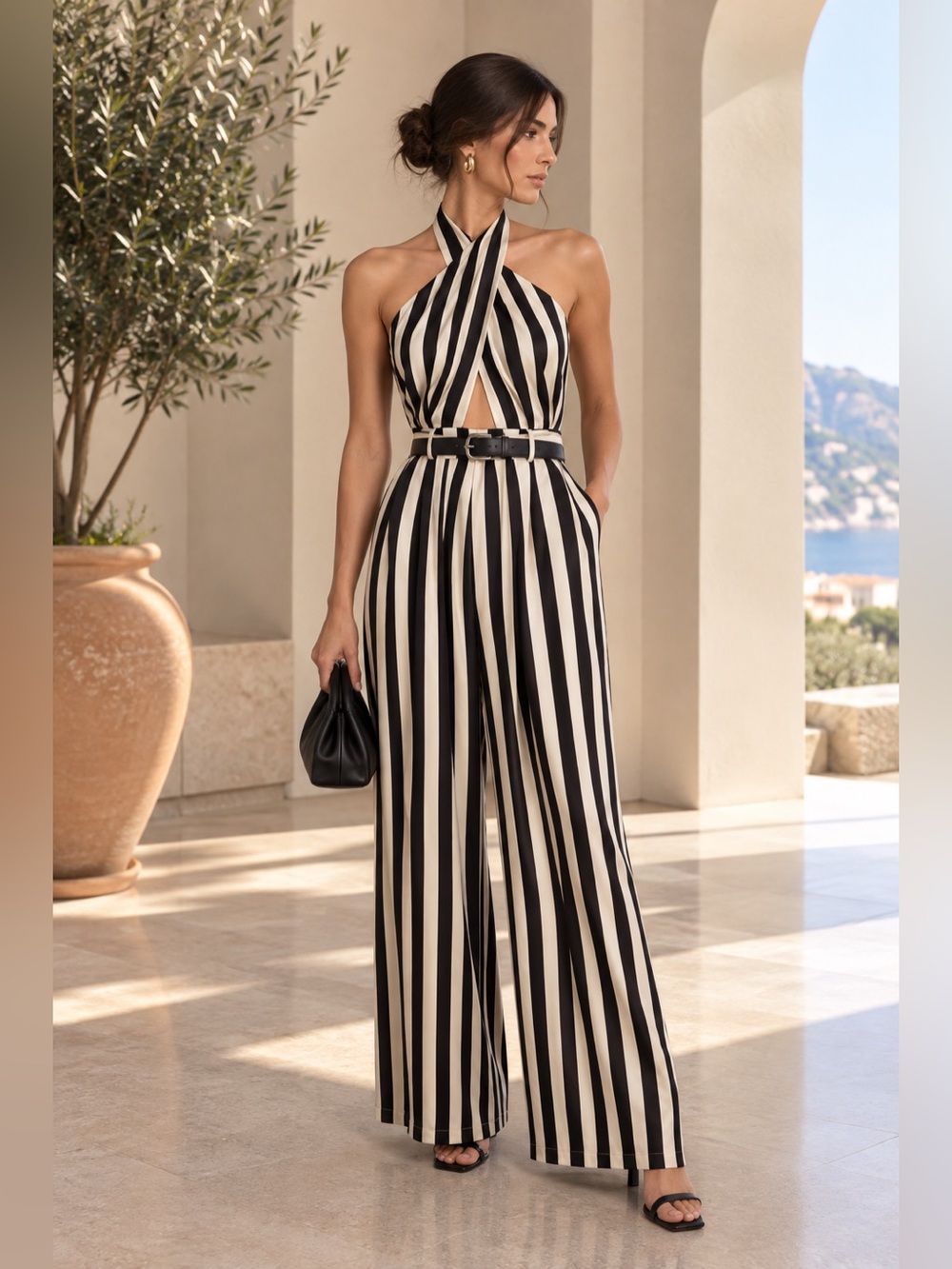 Commense Black White Halter Striped Belted Wide Leg Jumpsuit S
